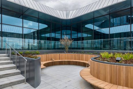 Integrated Planters and Wooden Bench Seating