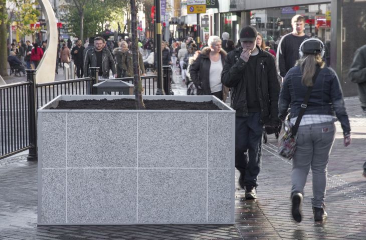 Steel planter clad with granite for Northamptonshire Highways
