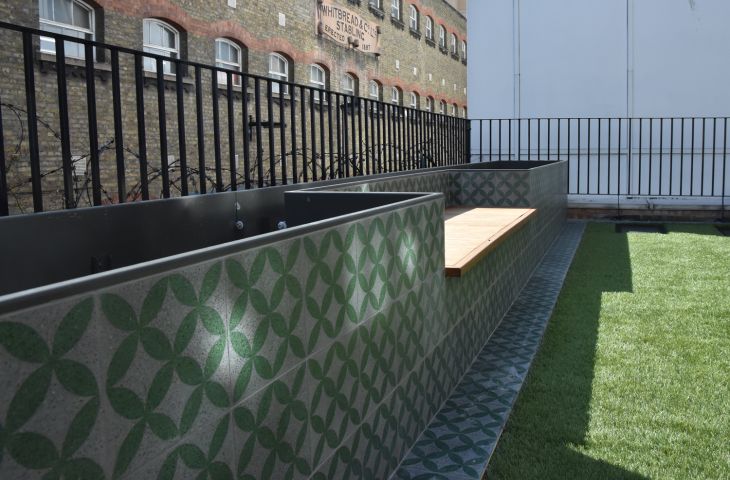 Bespoke steel planter / bench clad with terrazzo tiles