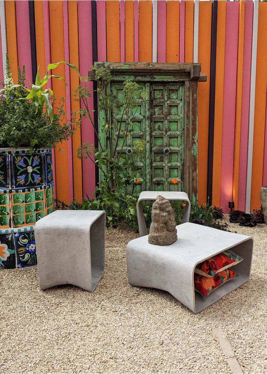 Garden stools and low table in grey