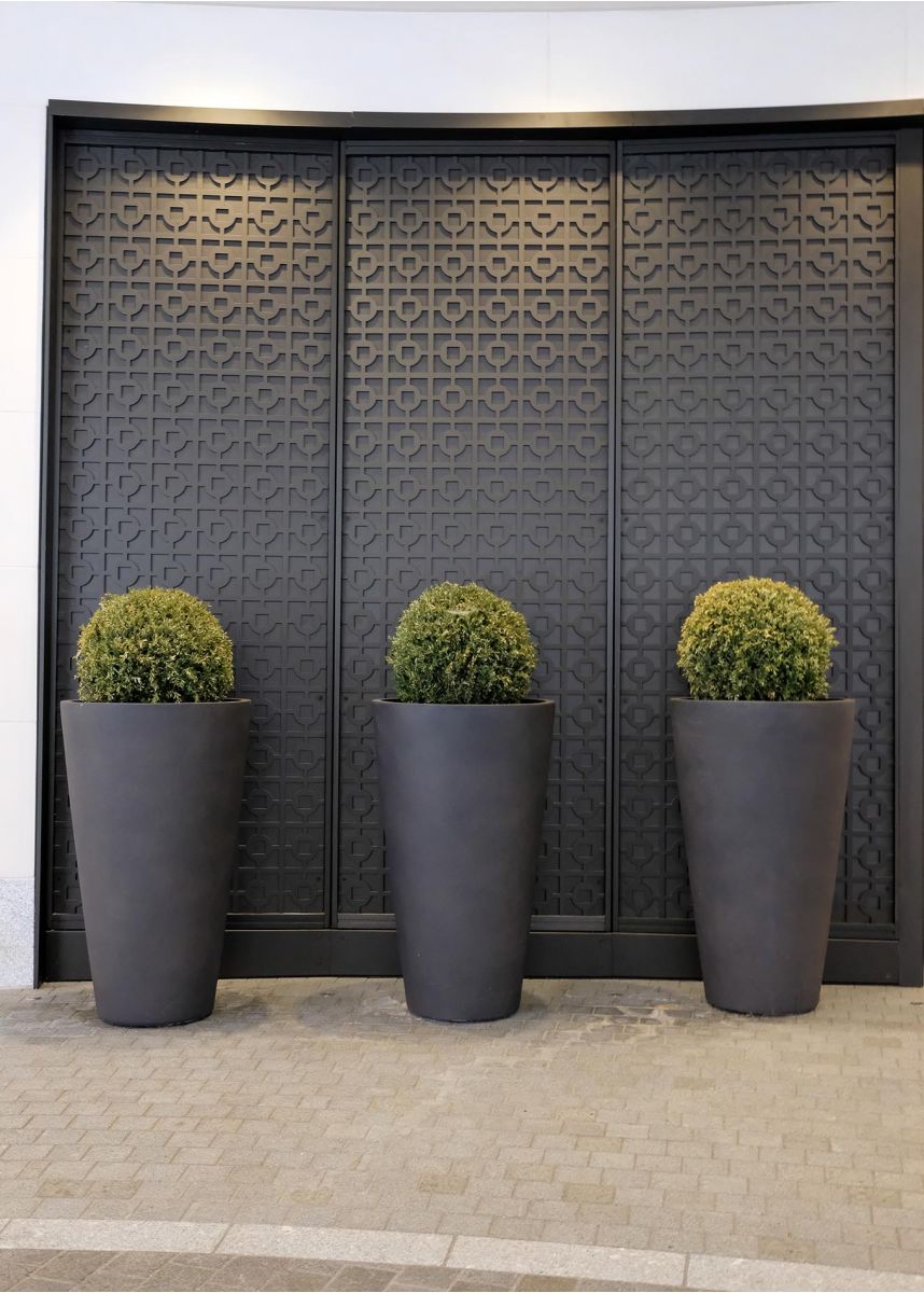 Tall round dark grey plant container