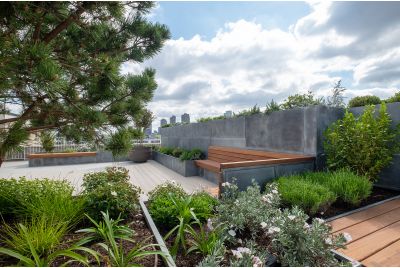 Bespoke Zinc planters and FSC Iroko seating