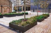 Large planters on sloping ground