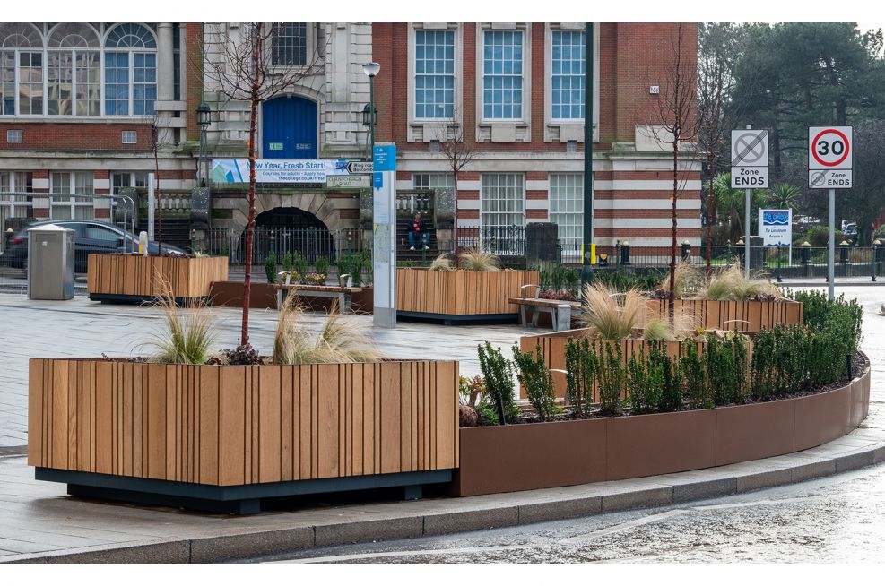 Large timber clad tree planters