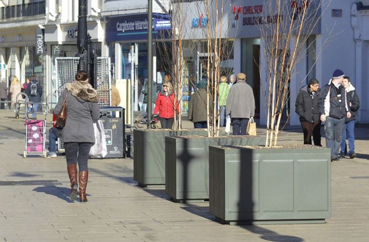 Steel tree planters in Cheltenham High Street