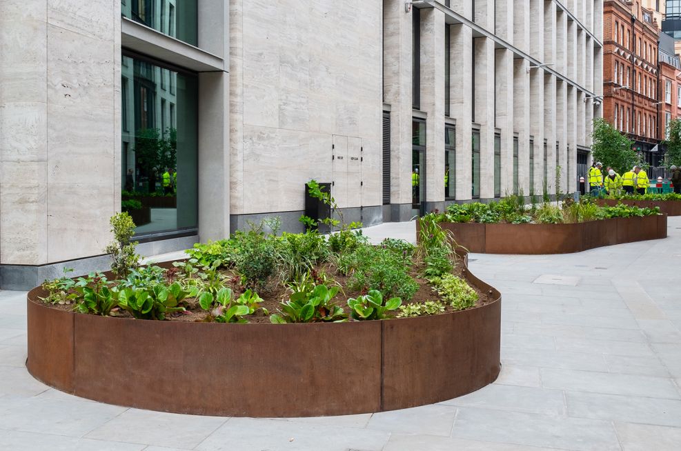 Weathered corten planters in London