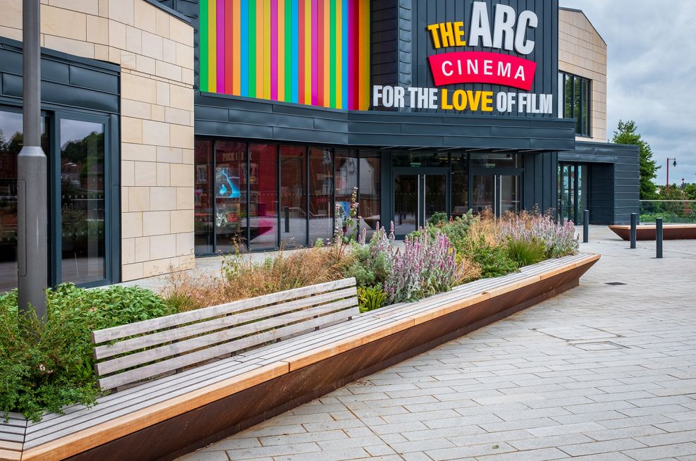 Custom steel planter with integrated benching