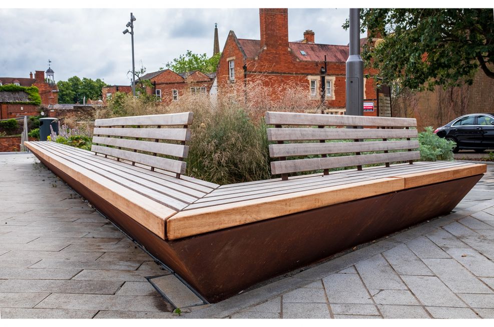Large corten steel planters with seating