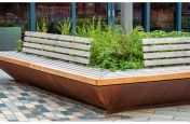 Hardwood timber seating with weathered steel