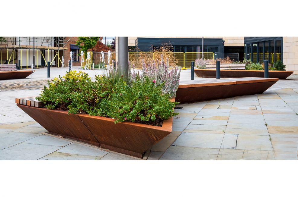 Weathered steel planter public piazza