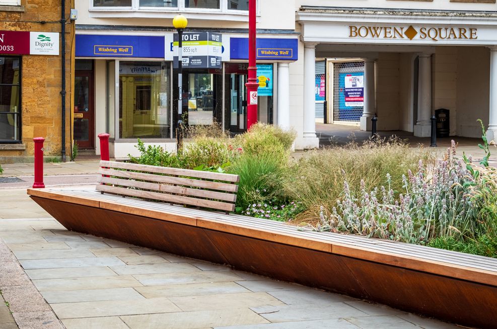 Corten steel planter and bench seating