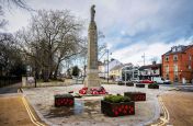 Commemorative poppy planters at the Doncaster Bennethorpe War Memorial