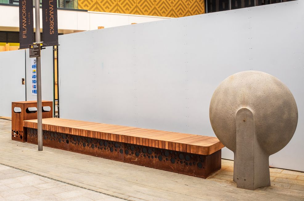 Corten bench and bins for streetscape