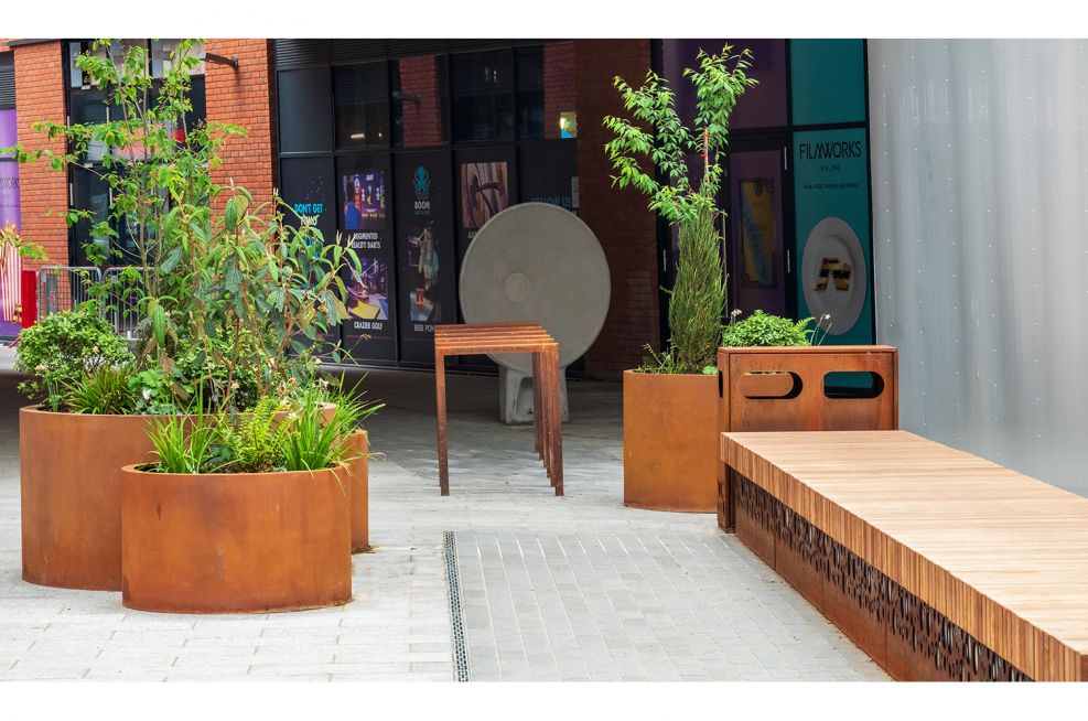Corten steel planters and street seating