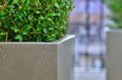 Powder Coated Steel Planters in Pearl Mouse Grey On Garden Terrace