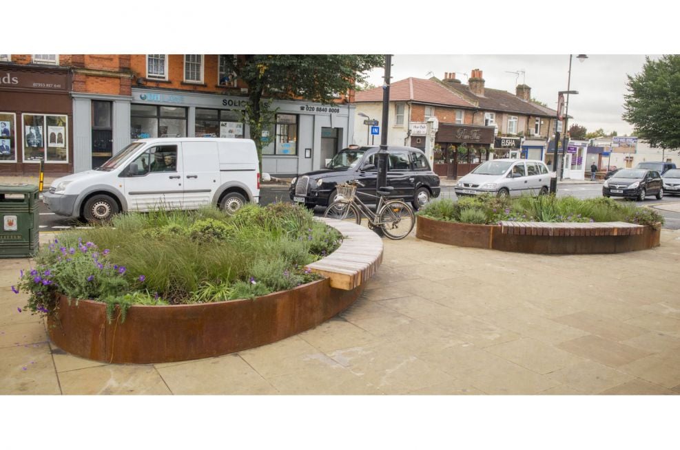 Bespoke Corten Steel Street Planters Benches with Hardwood Timber