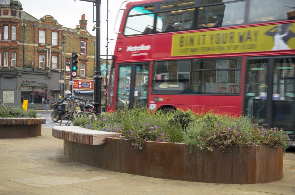 Bespoke Corten Steel Street Planters Benches with Iroko FSC Hardwood