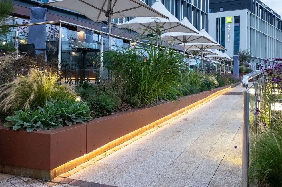 Hotel entrance ramp with accent lighting