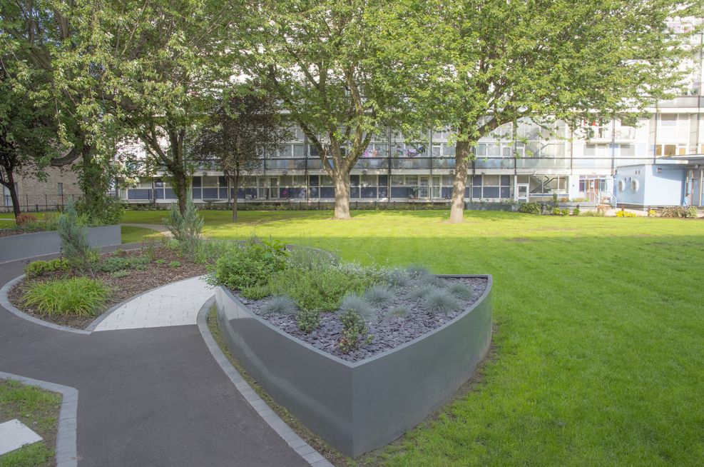 Asymmetrical Powder Coated RAL 7012 Planters Parkside Quarter