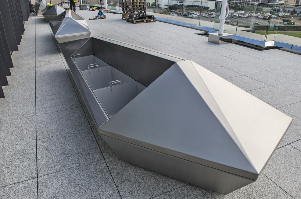Stainless Steel Bench Planters With Mirror Image Designs
