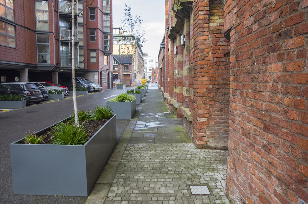 The Entrance To the Royal Mills WIth 2 Bespoke Steel Planters