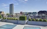 A large rooftop becomes a pleasant space when edged with greenery