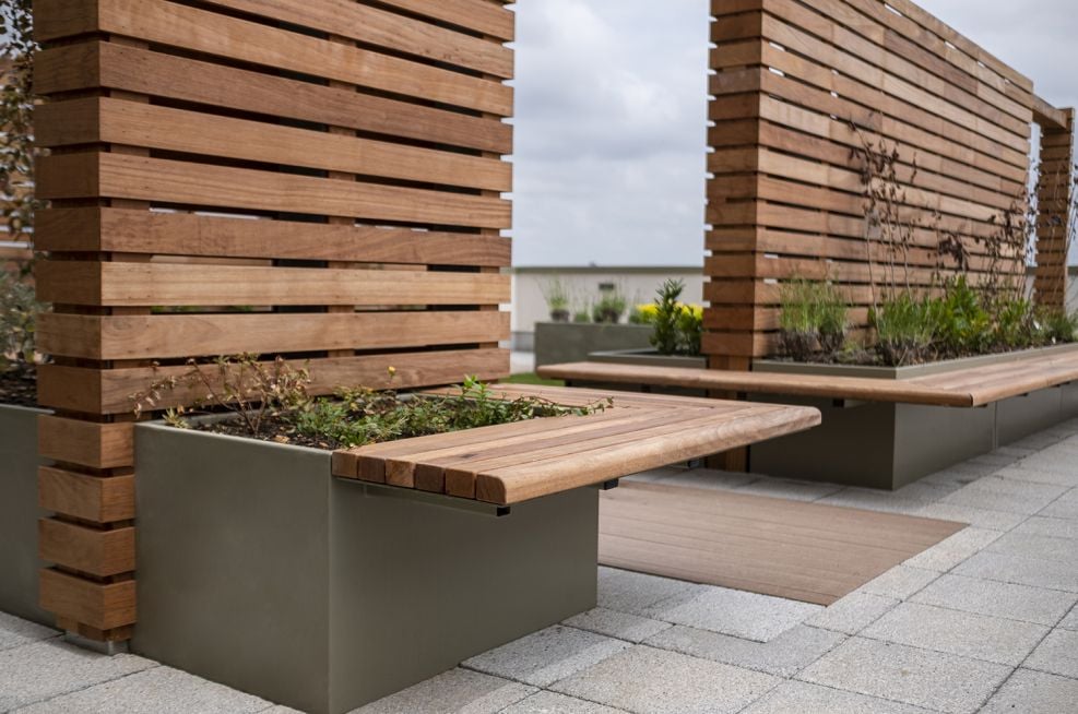 Planters with hardwood bench seats