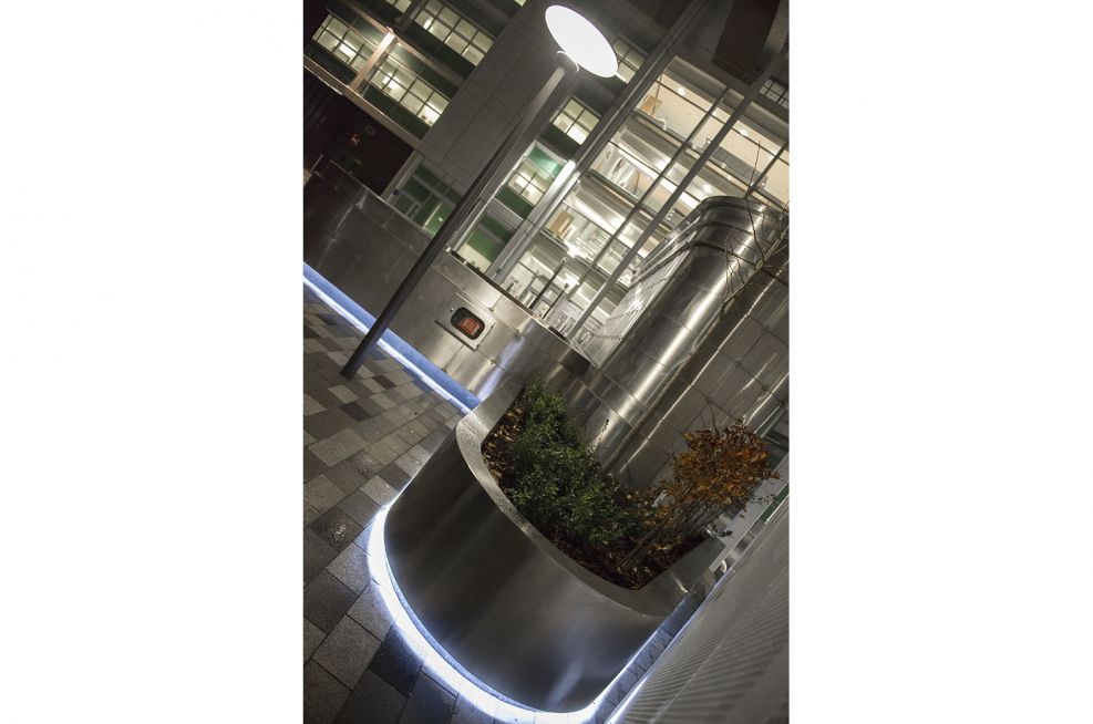 Bespoke stainless steel tree planters at University College Hospital [UCH]