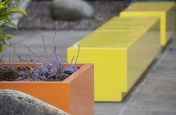 Planters With Bespoke Fibreglass Seating In RAL 1018 Zinc Yellow