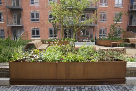 Corten Steel Trough Planter In York, Hungate Regeneration Scheme