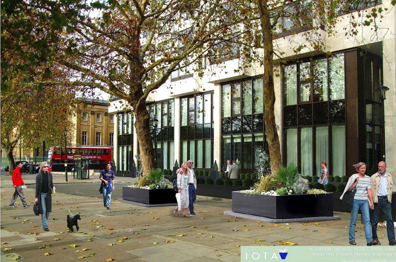 3d CAD visualisation of tree planters and planted frontage at Intercontinental Hotel, Park Lane, London.